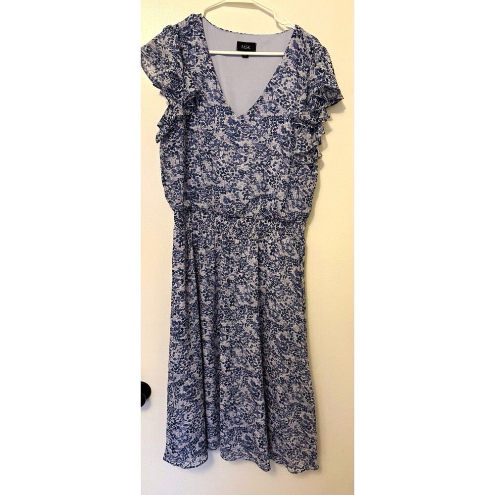 MSK Blue White Floral Overall Dress V-Neck Smocked Ruffle Flutter Sleeve XL